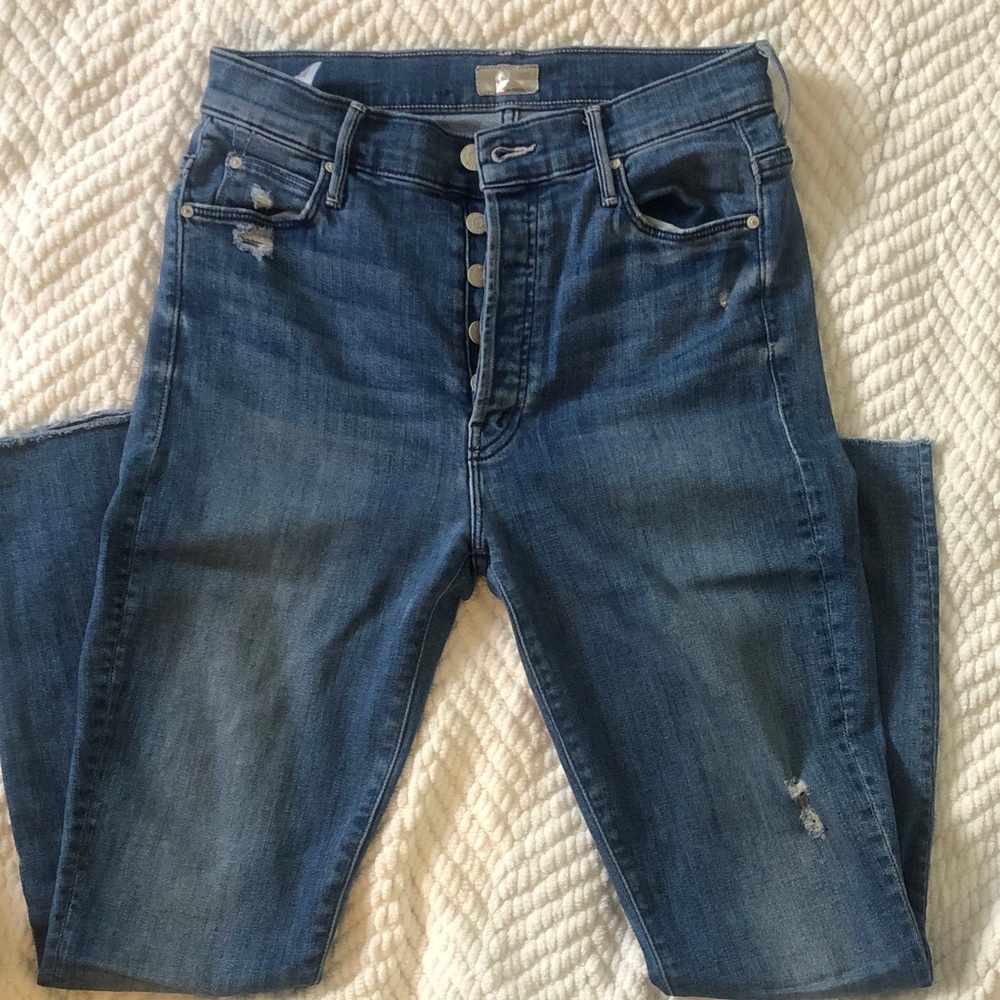 MOTHER woman Slim Distressed Mid-Blue Button-Fly Jeans
